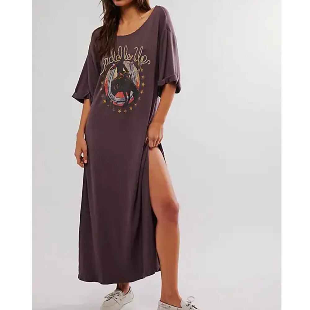 NEW Free People x Vintage Souls Chocolate Brown Saddle Up Graphic Maxi Tee Dress